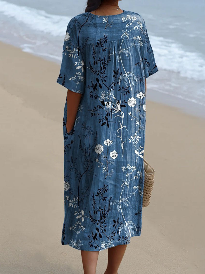 Women's Vintage Elegant Floral Art Print Flowy Dress