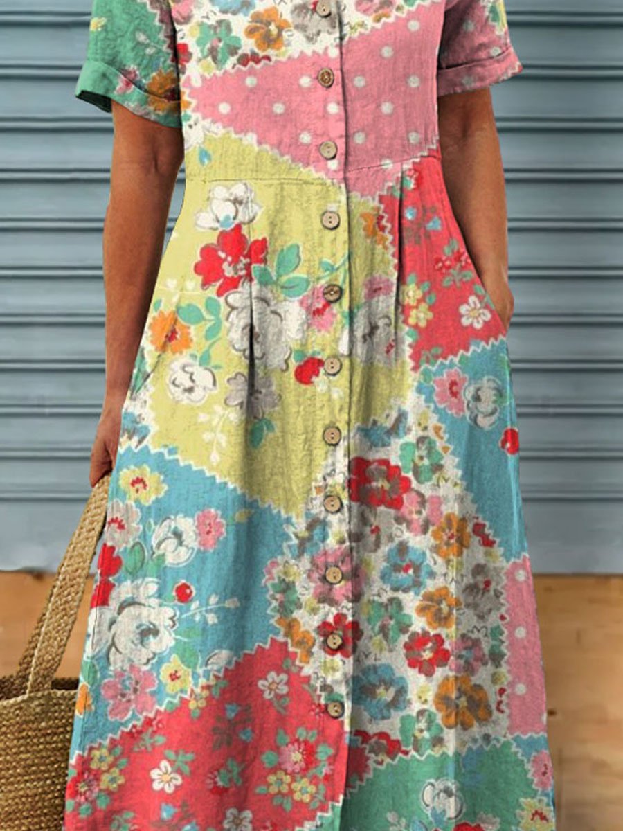 Women's Vintage Floral Art Print Linen Pocket Tunic Dress