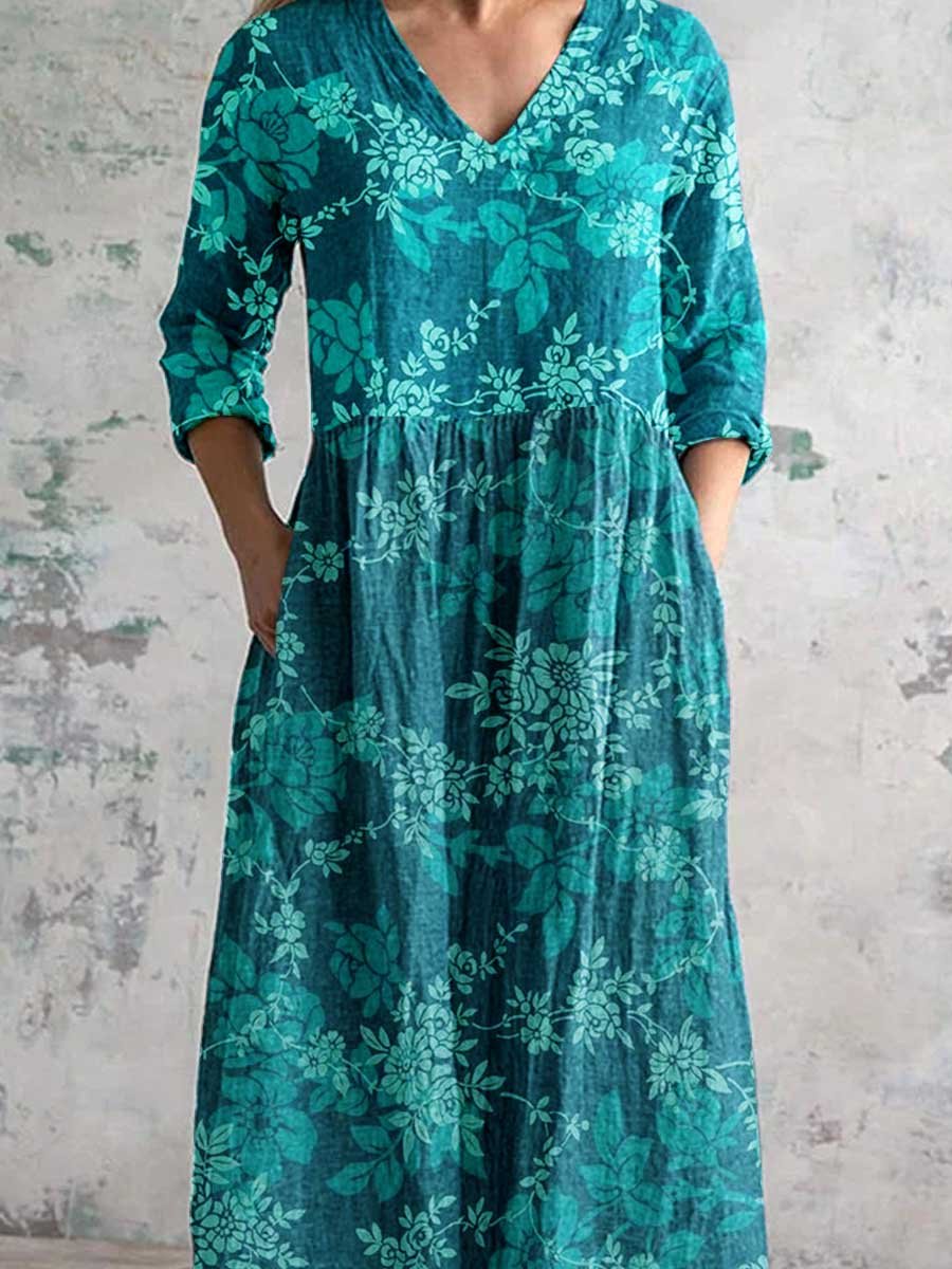 Women's Elegant Simple Floral V-Neck Cotton and Linen Dress with Pockets