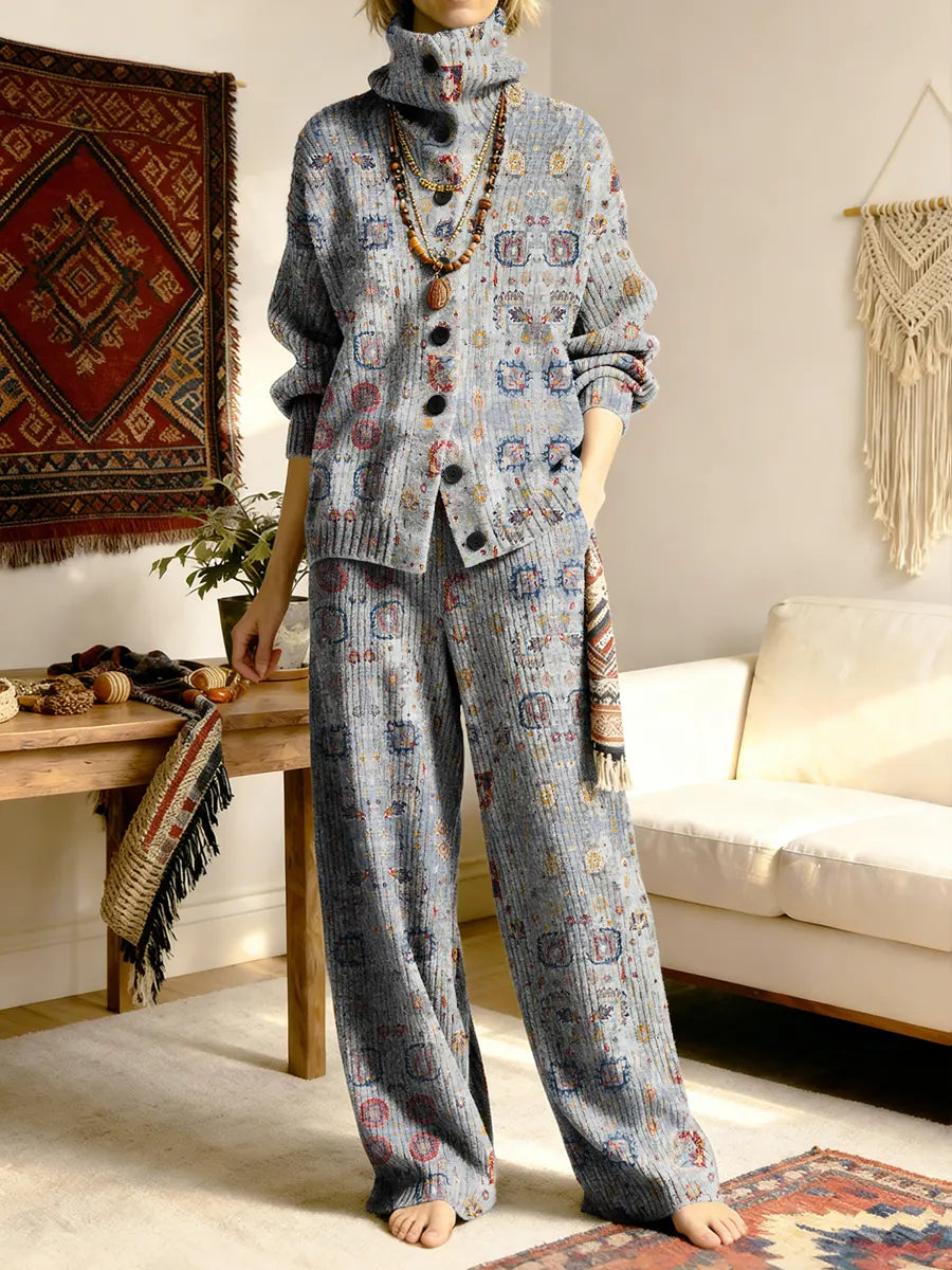 Vintage National Pattern Art Women's Long Sleeve Top And Pants Sweater Suit