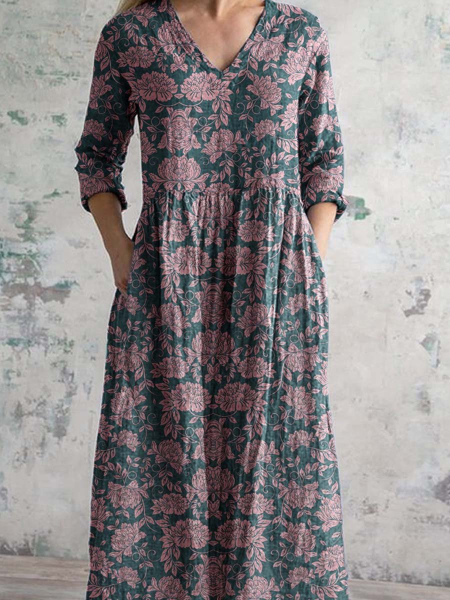 Women's Simple Elegant V Neck Floral Pattern Cotton Fabric Dress with Pockets