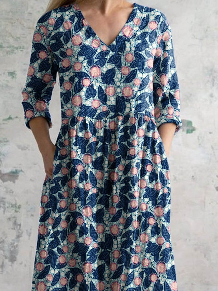 Women's Elegant Vintage Floral Pattern Cotton Dress With Pockets