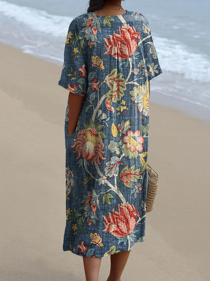Women's Vintage Ethnic Floral Art Print Flowy Dress