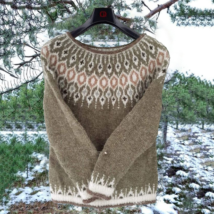 Unisex Vintage Oatmeal Icelandic Knit Jacquard Warmth Crew Neck Sweater