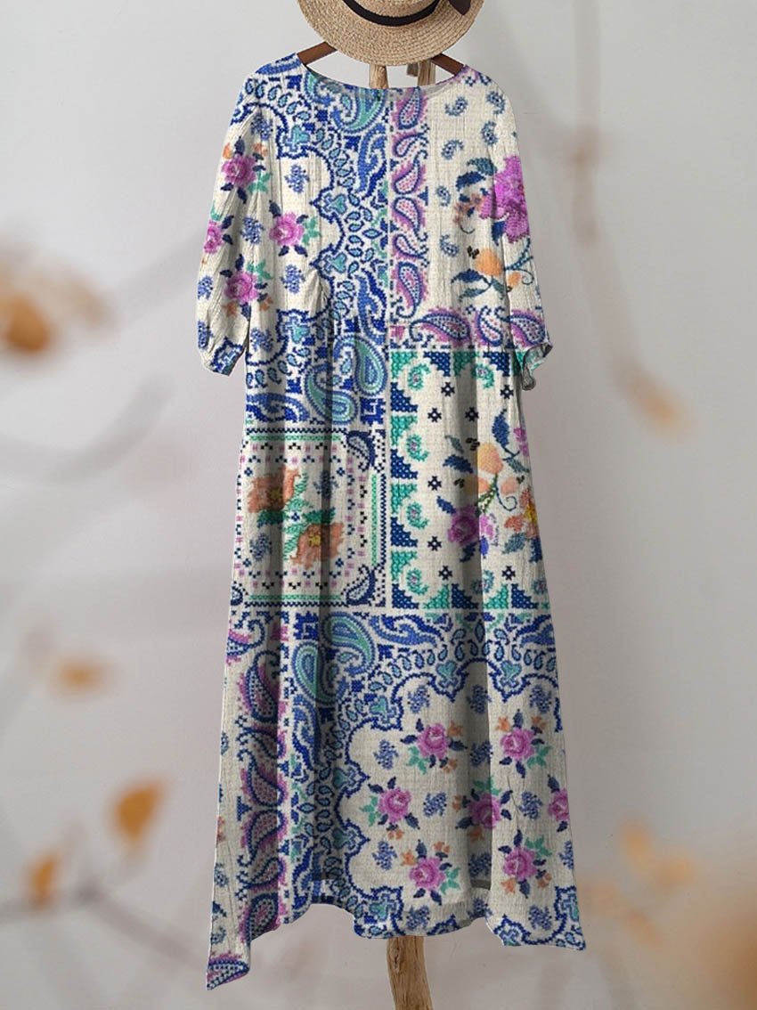 Women's Vintage Ethnic Floral Art Print Pocket Cotton Dress
