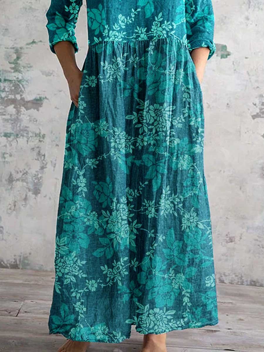 Women's Elegant Simple Floral V-Neck Cotton and Linen Dress with Pockets