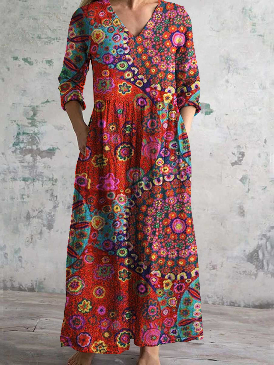 Women's V-Neck Vintage Art Geometric Painted Long Sleeve Dresses