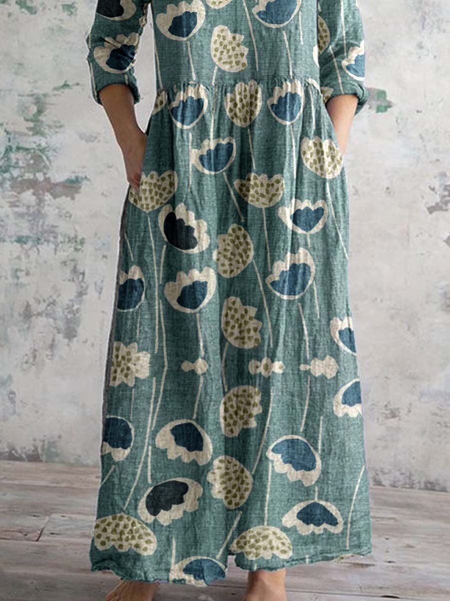 Women's V-neck Elegant Vintage Floral Pattern Cotton Shirt Dress