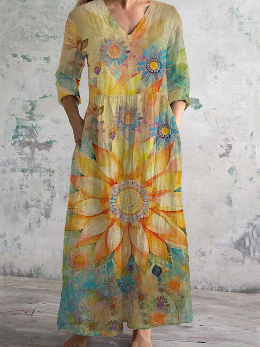 Women's V-Neck Art Floral Pattern Dress With Pockets