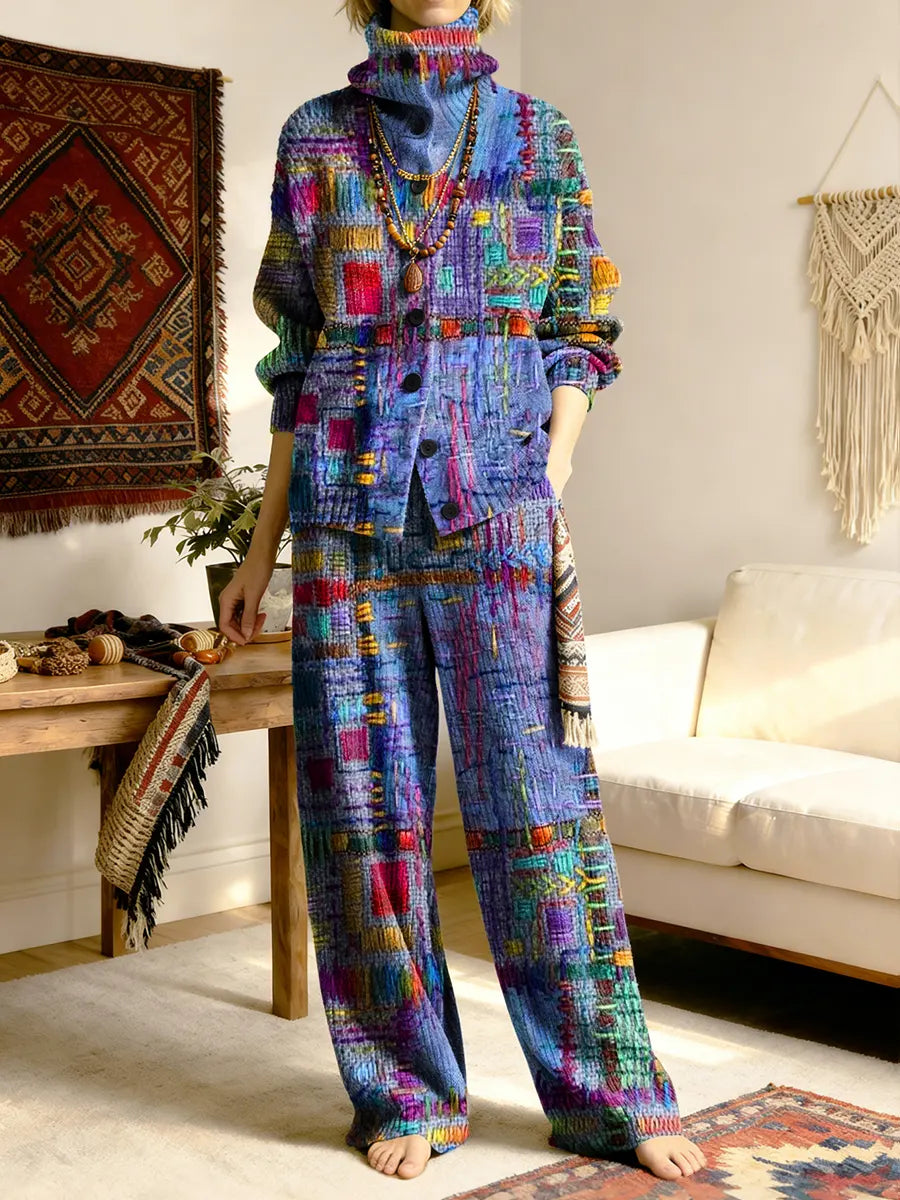 intage National Geometry Texture Women's Long Sleeve Top And Pants Sweater Suit