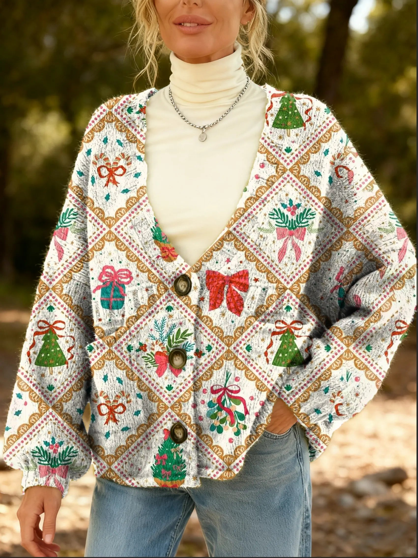 Women's Christmas Pattern Art Print Cardigan With Pockets
