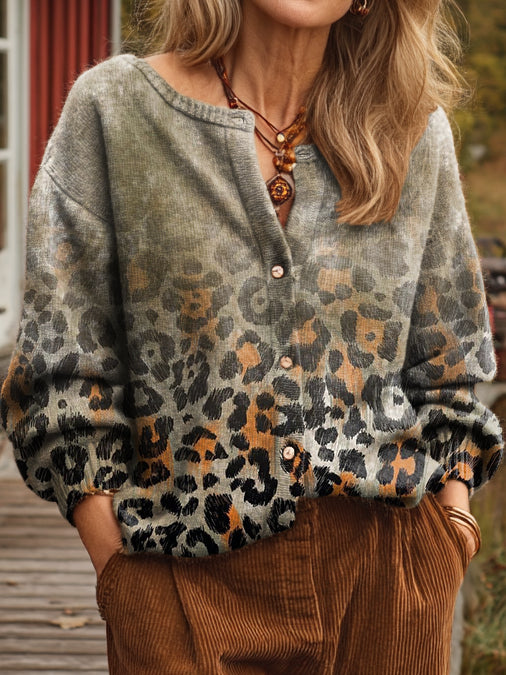 Women's Vintage Gradient Leopard Art Prints Casual Buttons Knit Cardigan Jacket