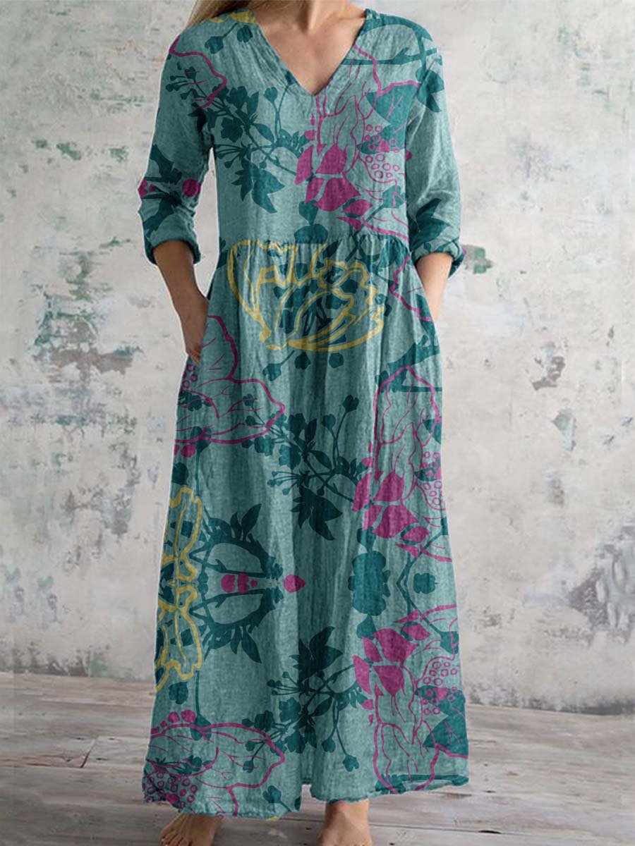 Women's Simple Elegant V Neck Floral Pattern Cotton Fabric Dress with Pockets