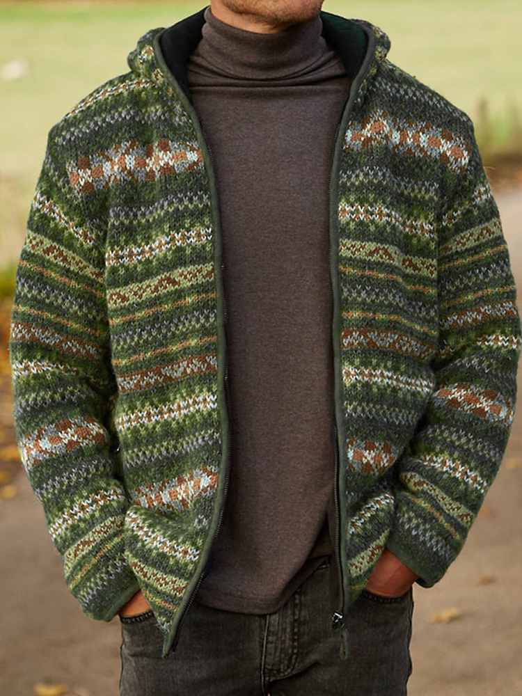 Mens Vintage Fair Isle Knitted Hooded Cardigan