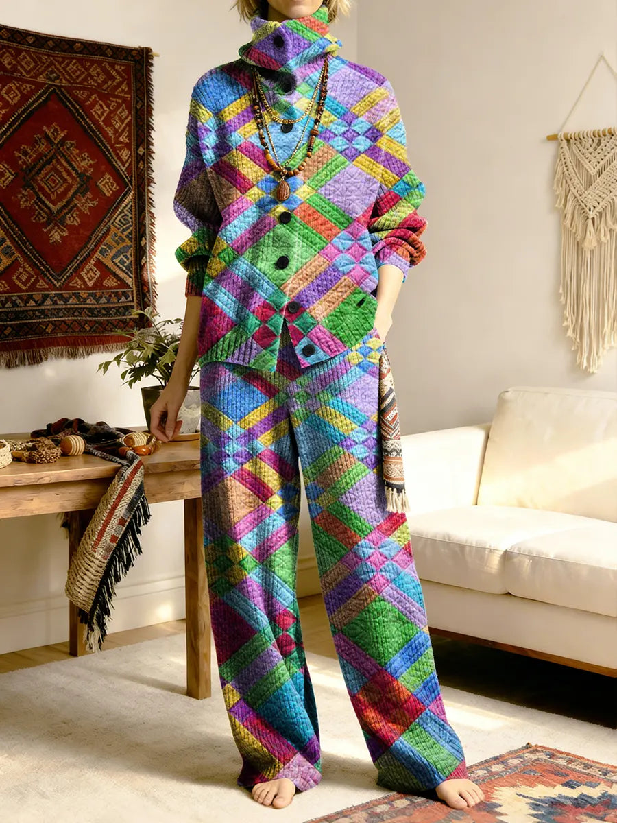 Vintage Colorful Patchwork Women's Long Sleeve Top And Pants Sweater Suit
