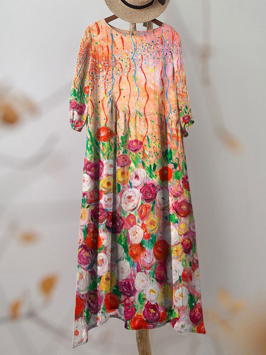 Women's Watercolor Floral Art Print Flowy Dress