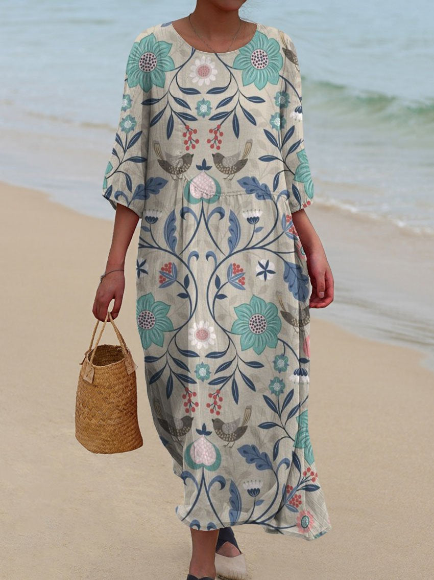 Women's Vintage Birds Floral Print Pocket Cotton Dress