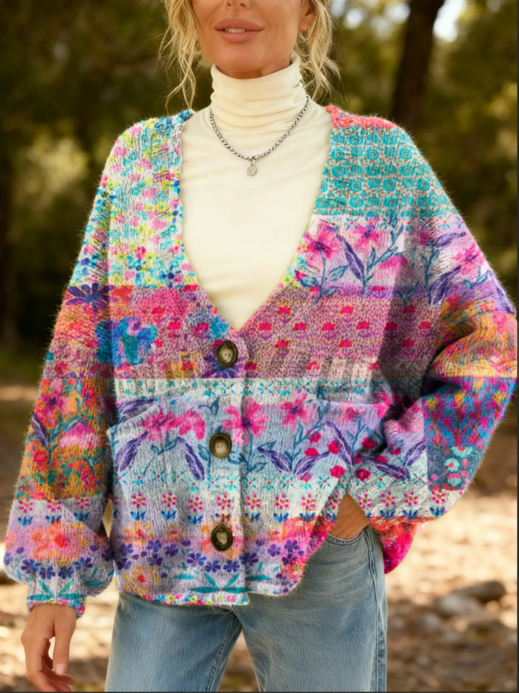 Women's Floral Pattern Art Print Cardigan With Pockets