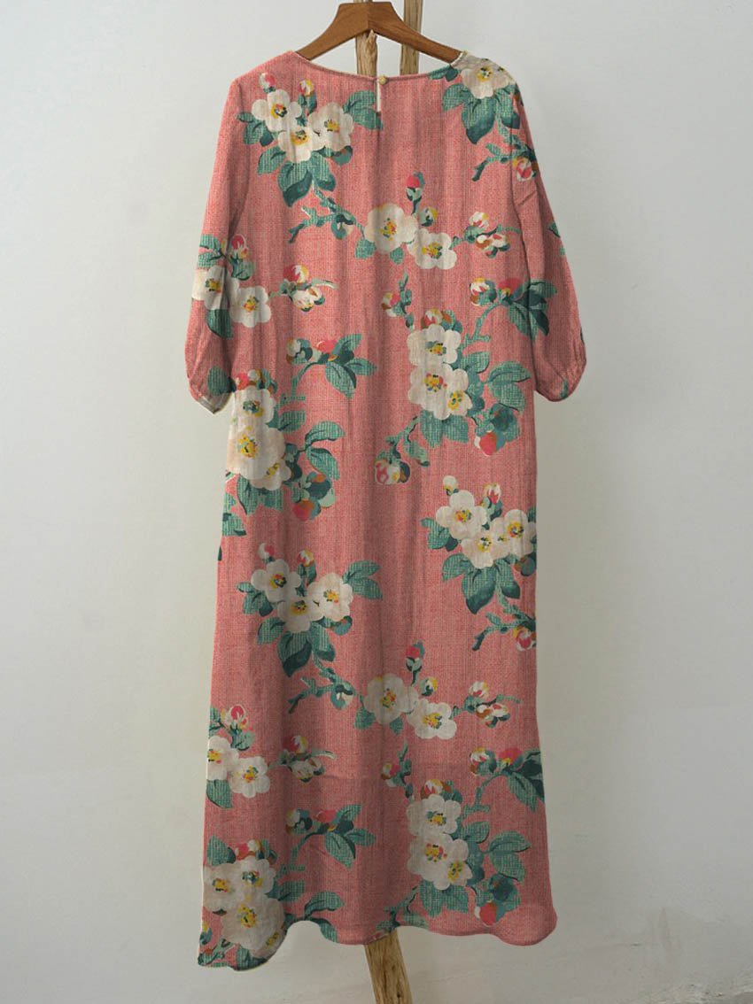 Women's Vintage Floral Art Print Pocket Cotton Dress