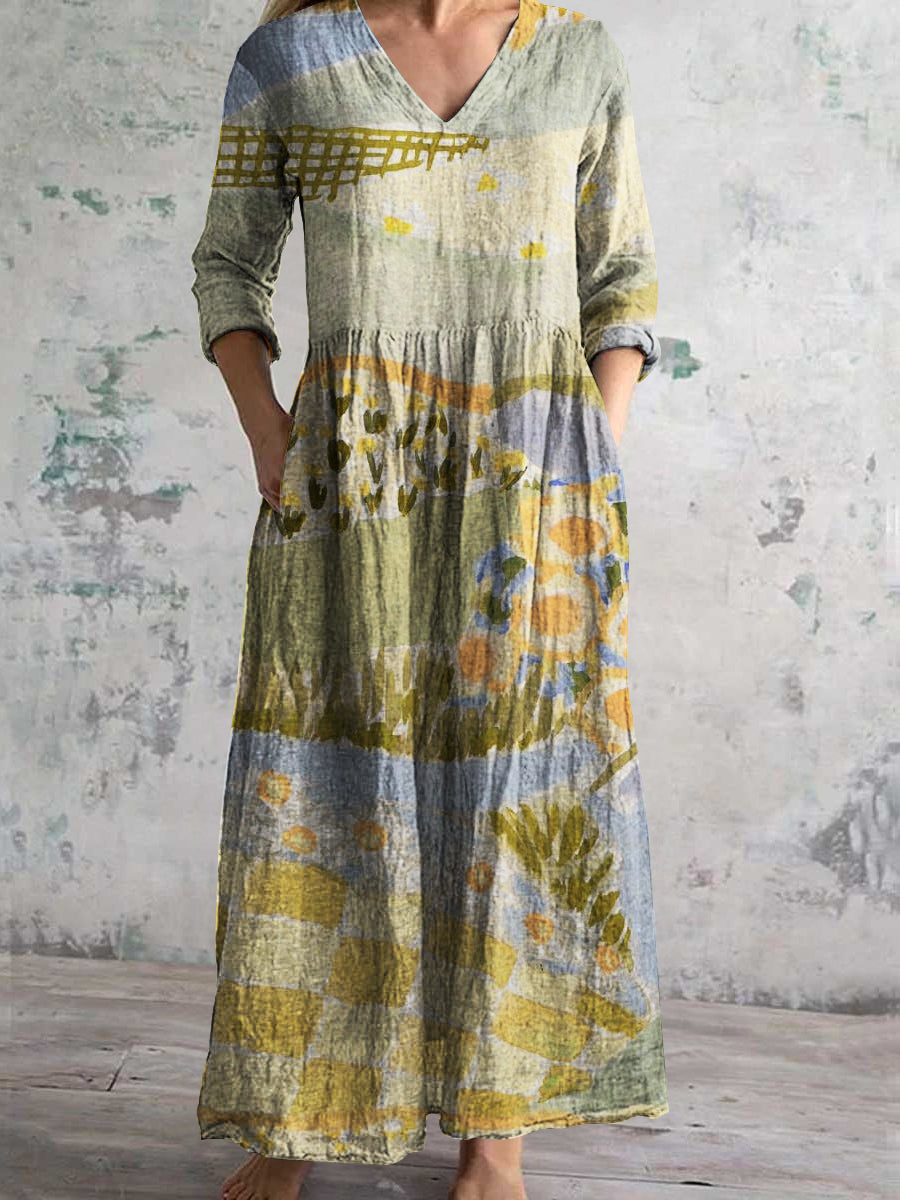 Women's V-neck Vintage Irregular Pattern Cotton Linen Dress