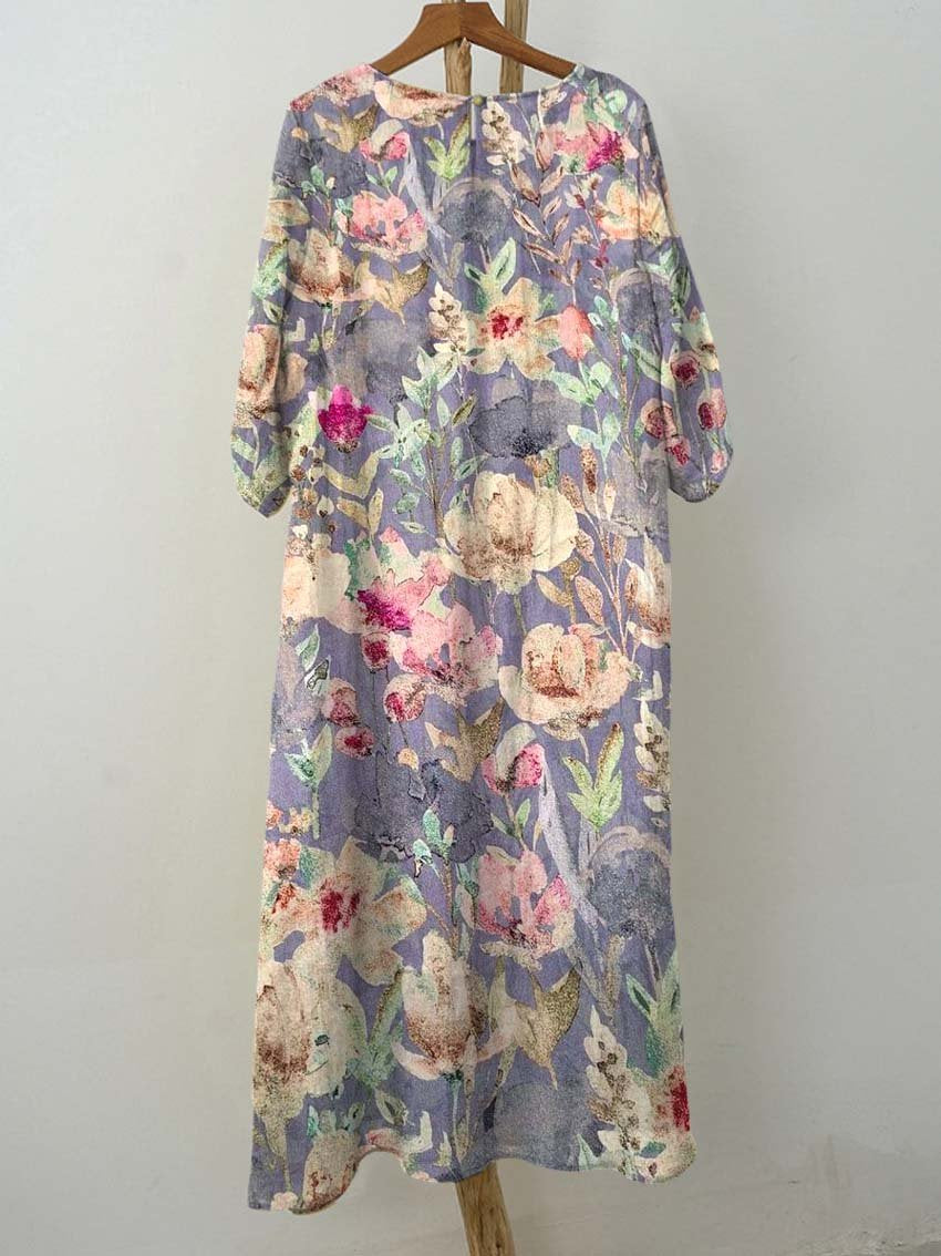 Women's Retro Purple Floral Print Pocket Cotton Dress