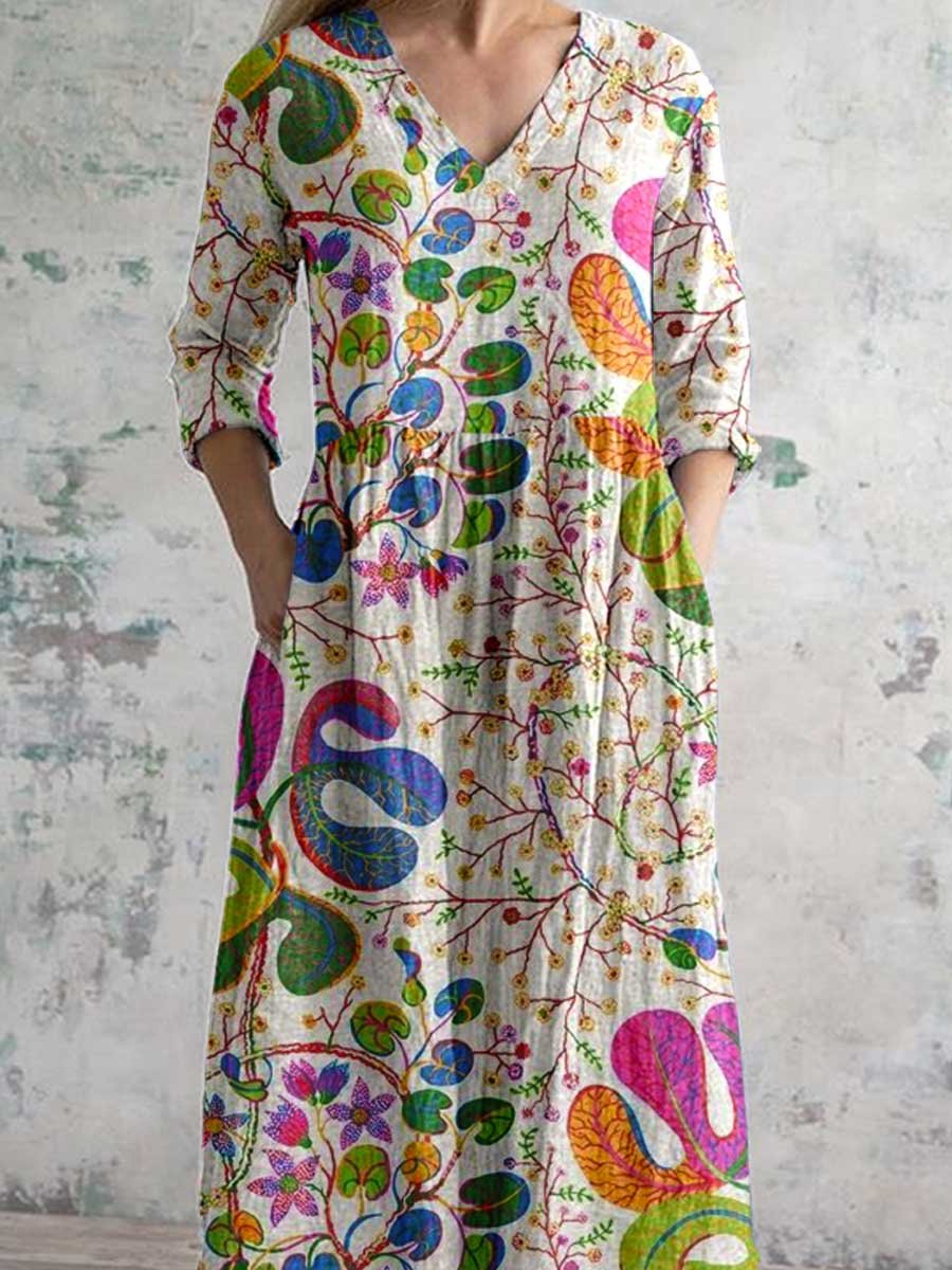 Women's V-neck  Abstract Art Floral Pattern Collar Cotton Dress With Pockets