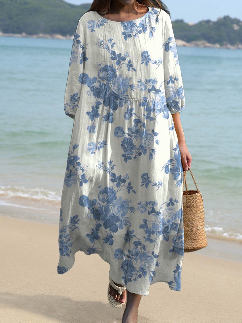 Women's Vintage Floral Art Print Pocket Cotton Dress