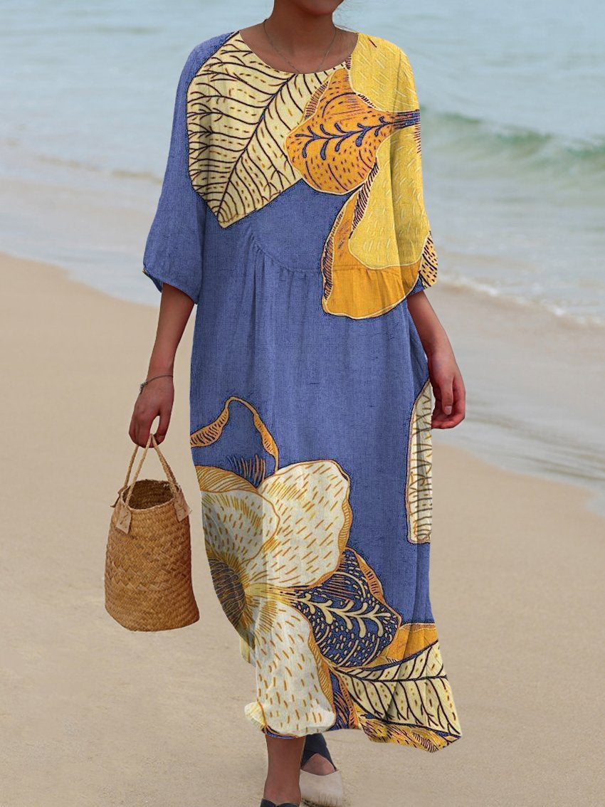 Women's Vintage Blue Floral Print Pocket Cotton Dress