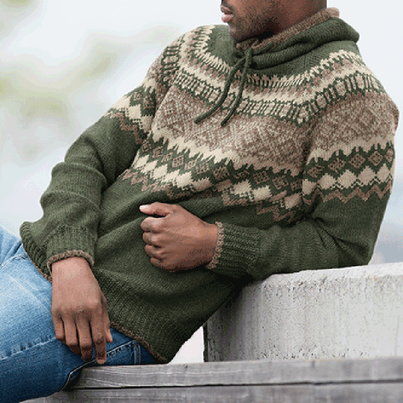 Vintage Patterned Knitted Icelandic Hooded Sweater