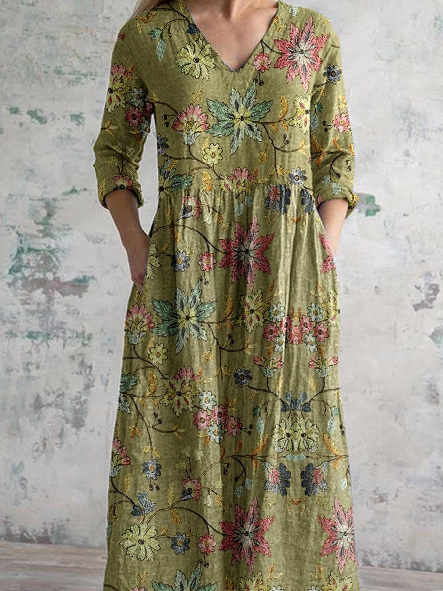 Women's Elegant Floral Pattern Round Neck Cotton and Linen Top