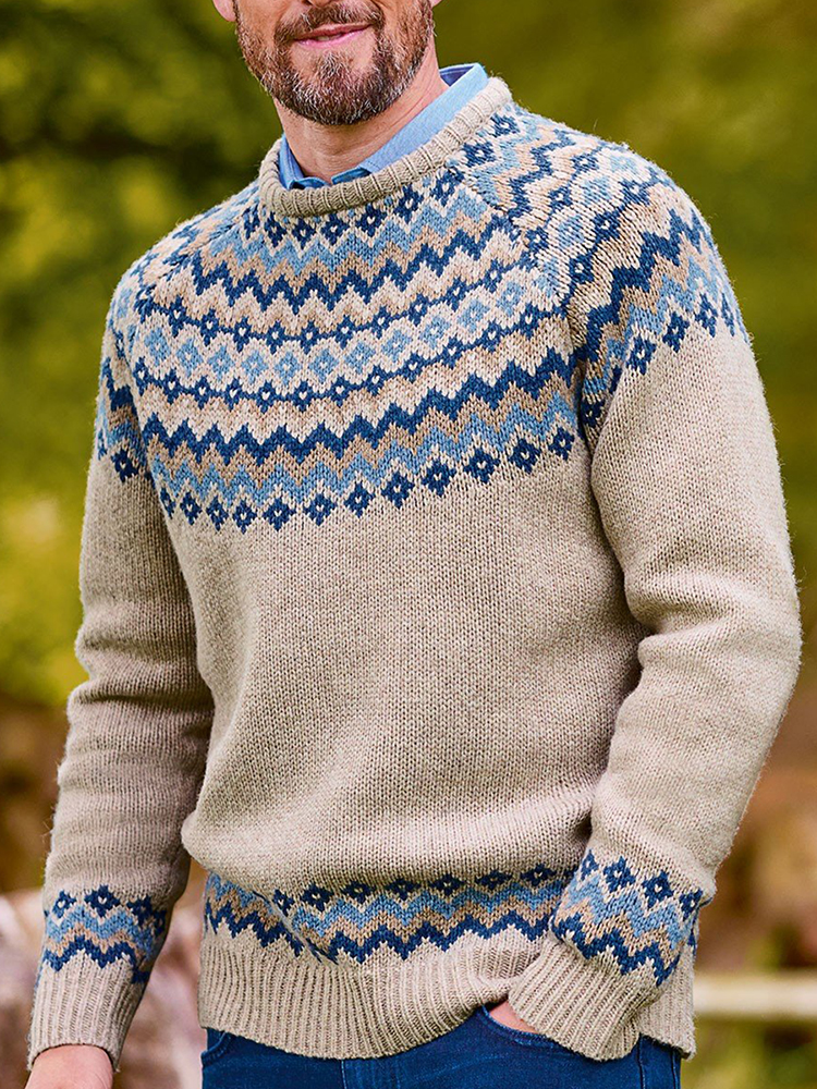 Vintage Lambswool Knit Jacquard Crew Neck Sweater