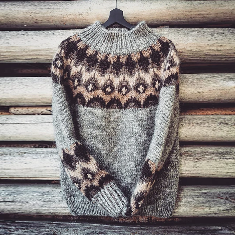 Unisex Vintage Gray Icelandic Knit Jacquard Warmth Crew Neck Sweater