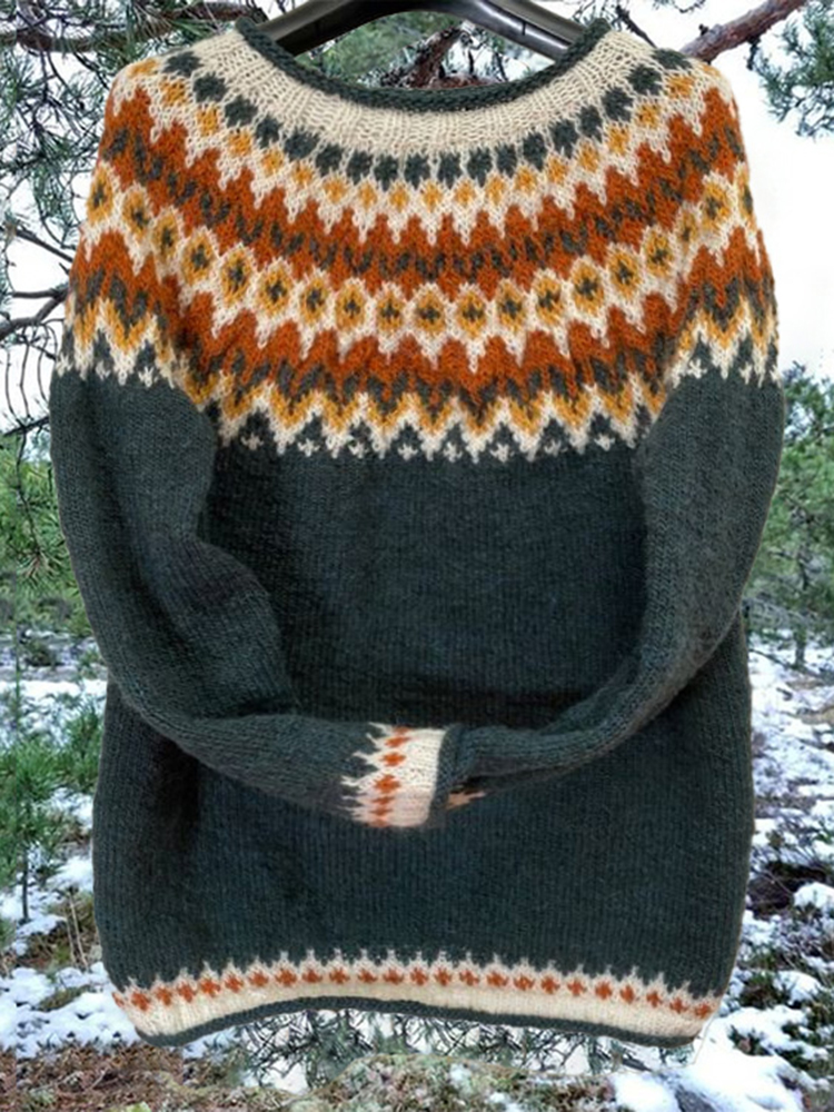 Vintage Orange Heart Icelandic Knit Jacquard Warmth Crew Neck Sweater