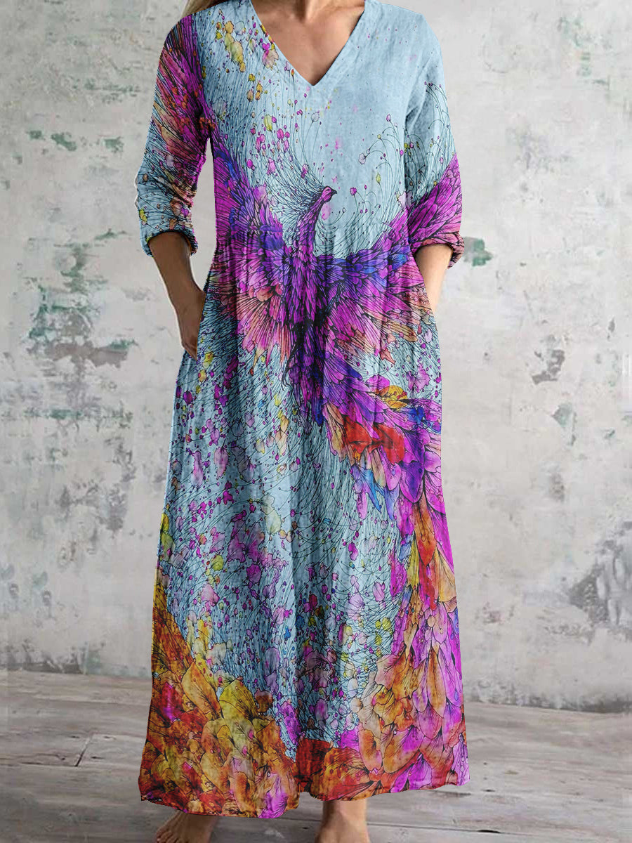 Women's V-Neck Abstract Phoenix Art Print Cotton and Linen Pocket Dress