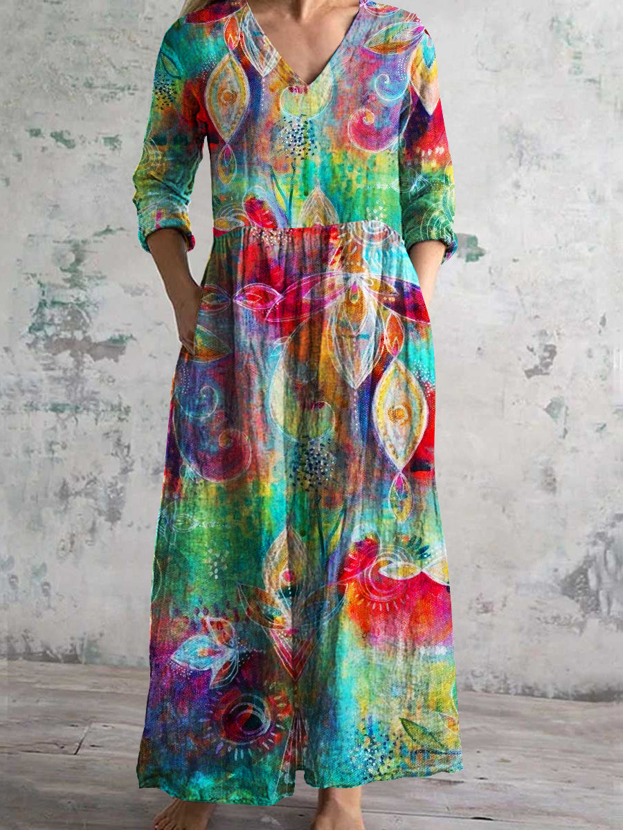 Women's V-neck Vintage Art Colorful Abstract Pattern Cotton Linen Dress