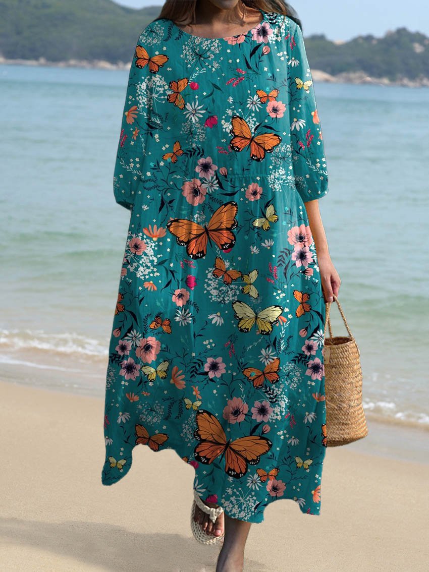 Women's Vintage Floral Butterflies Art Print Pocket Cotton Dress