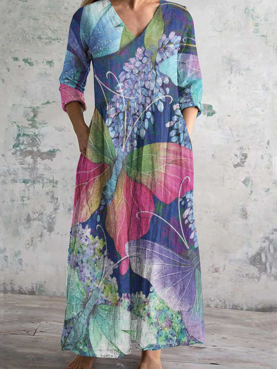 Women's V Neck Abstract Butterfly Color Rendering Art Print Cotton Linen Pocket Dress