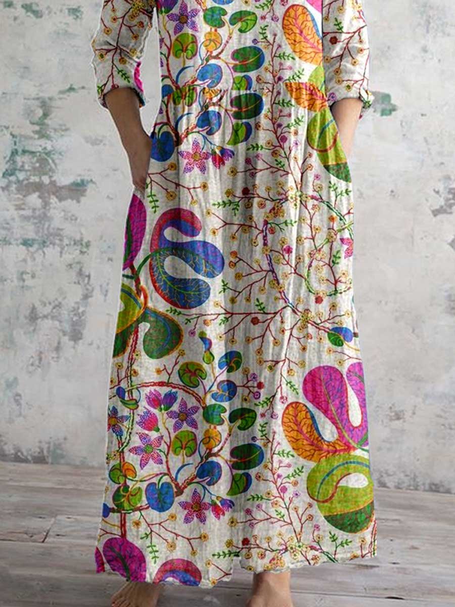 Women's V-neck  Abstract Art Floral Pattern Collar Cotton Dress With Pockets