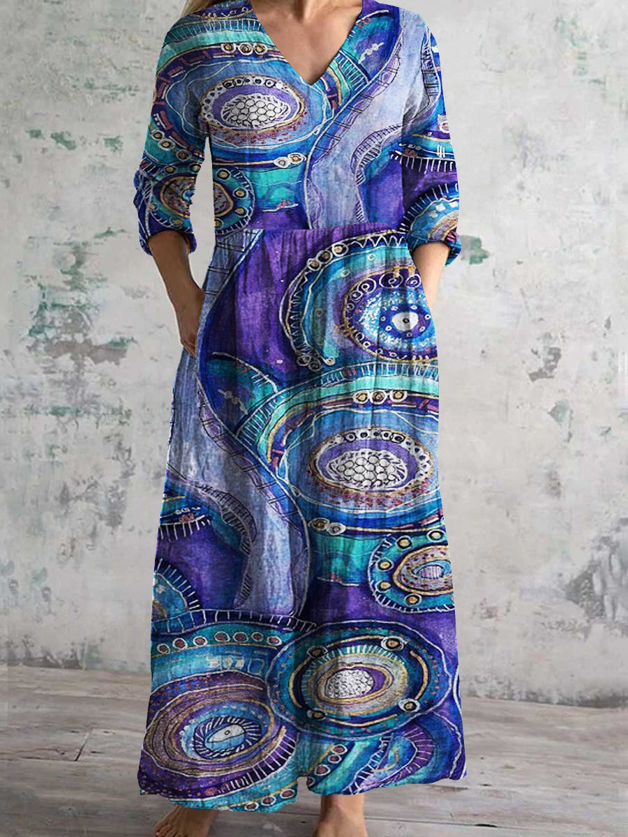 Women's V-neck Vintage Art Abstract Pattern Cotton Linen Dress