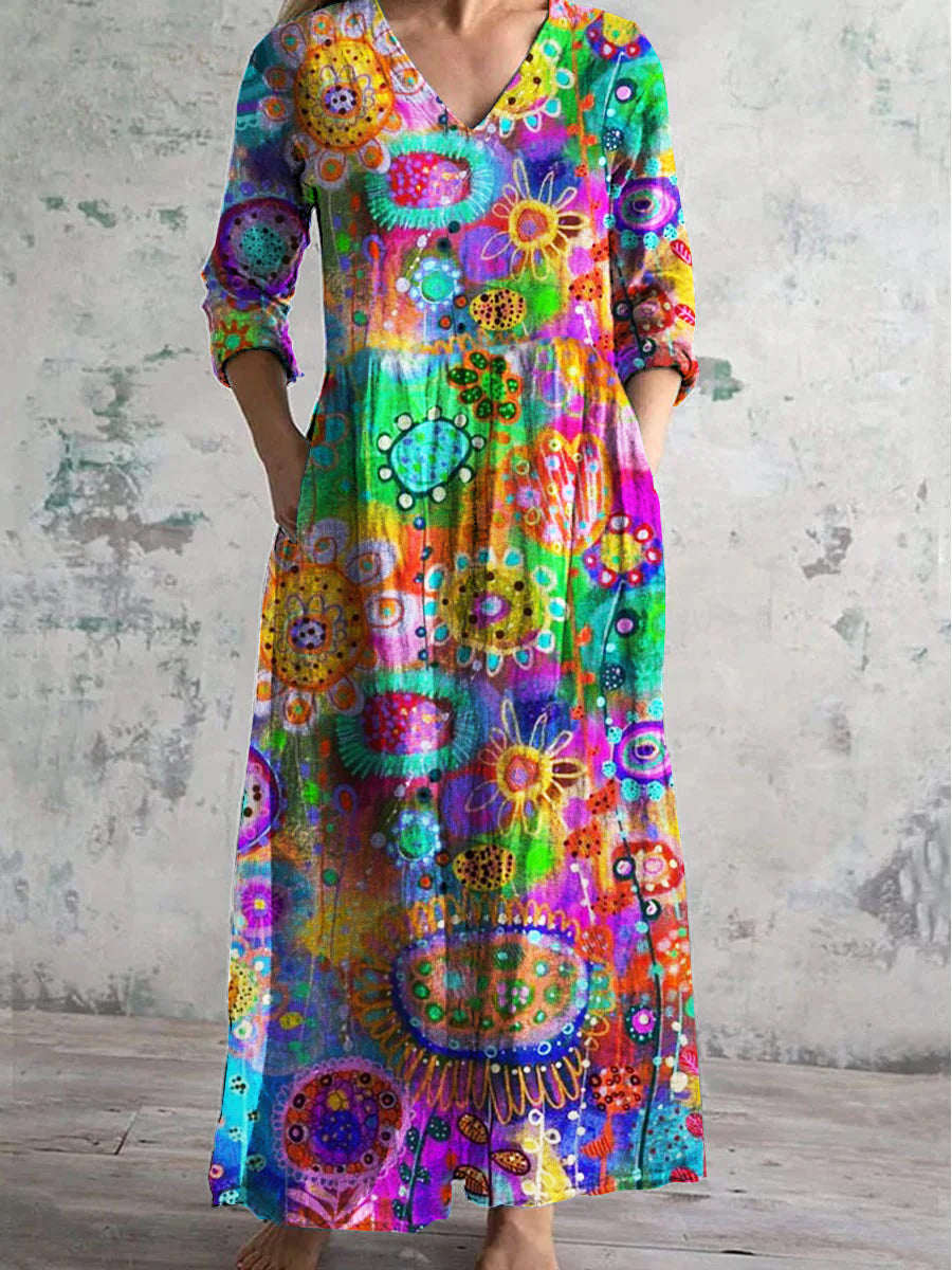 Women's V Neck Colorful Oil Painting Floral Pattern Dress With Pockets