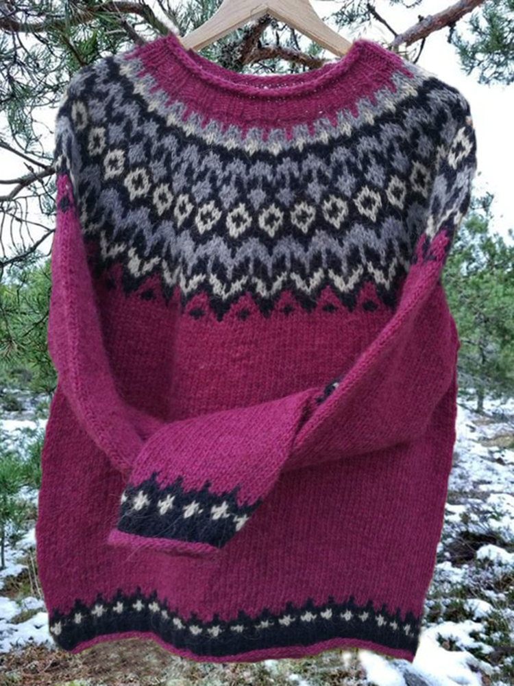 Vintage Jacquard Warmth Icelandic Knit Crew Neck Sweater(Unisex)