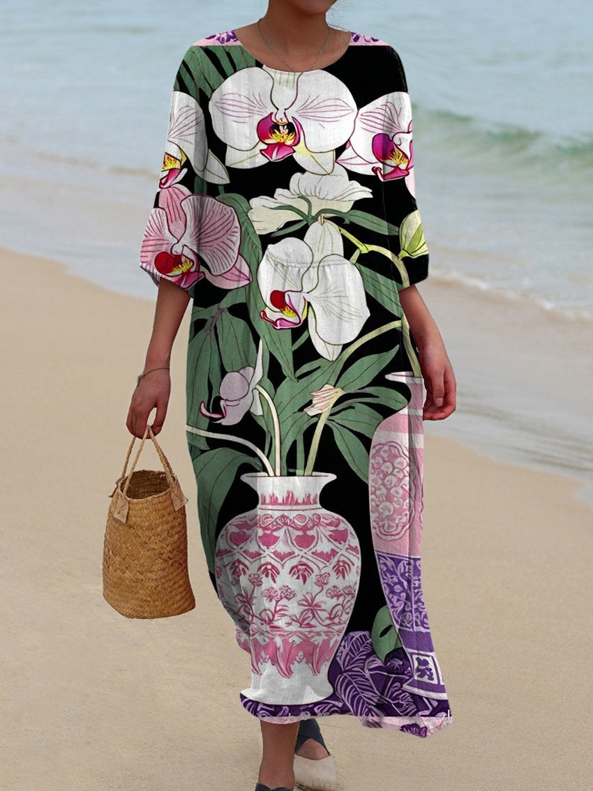 Women's Vintage Phalaenopsis Floral Print Pocket Cotton Dress