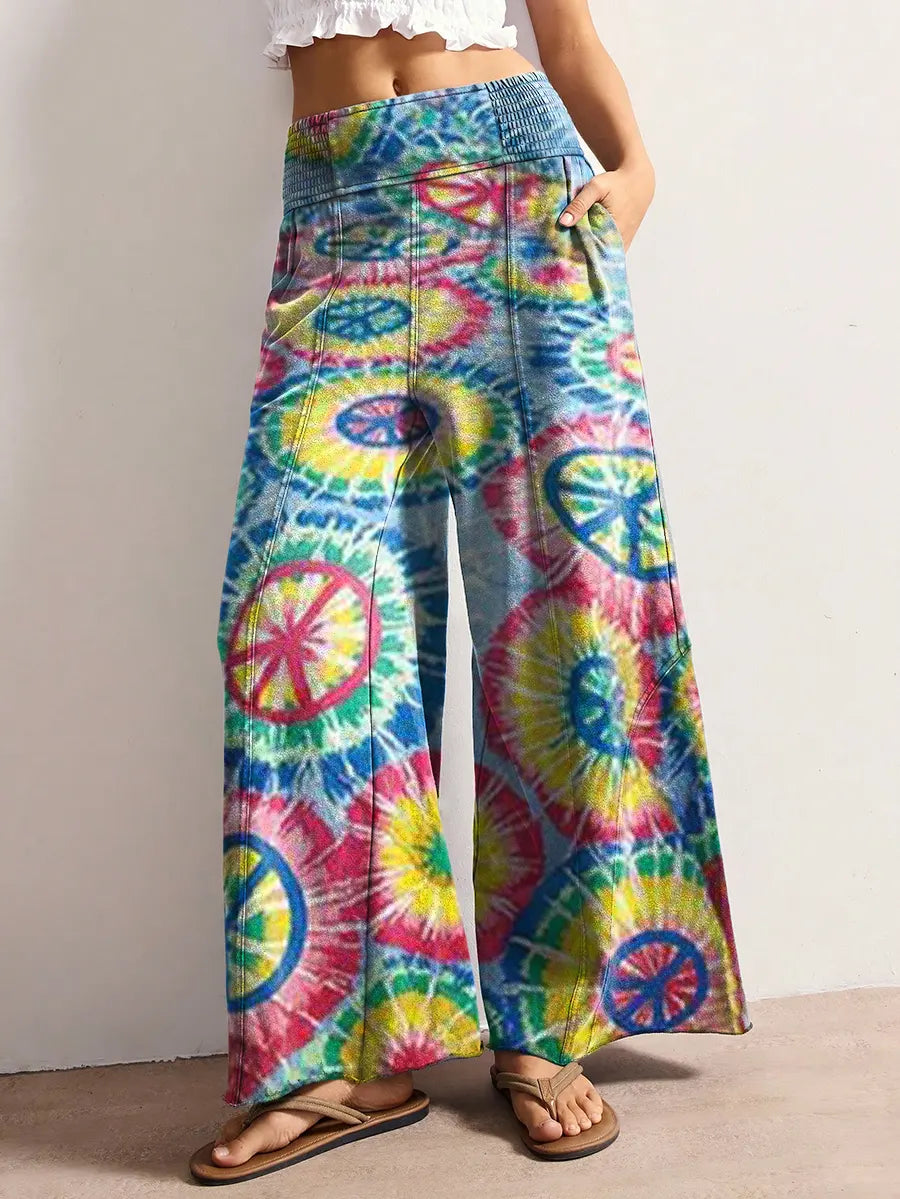 Women's Retro Hippie Style Colorful Tie-dye Art Print Stretchy Wide-leg Pants