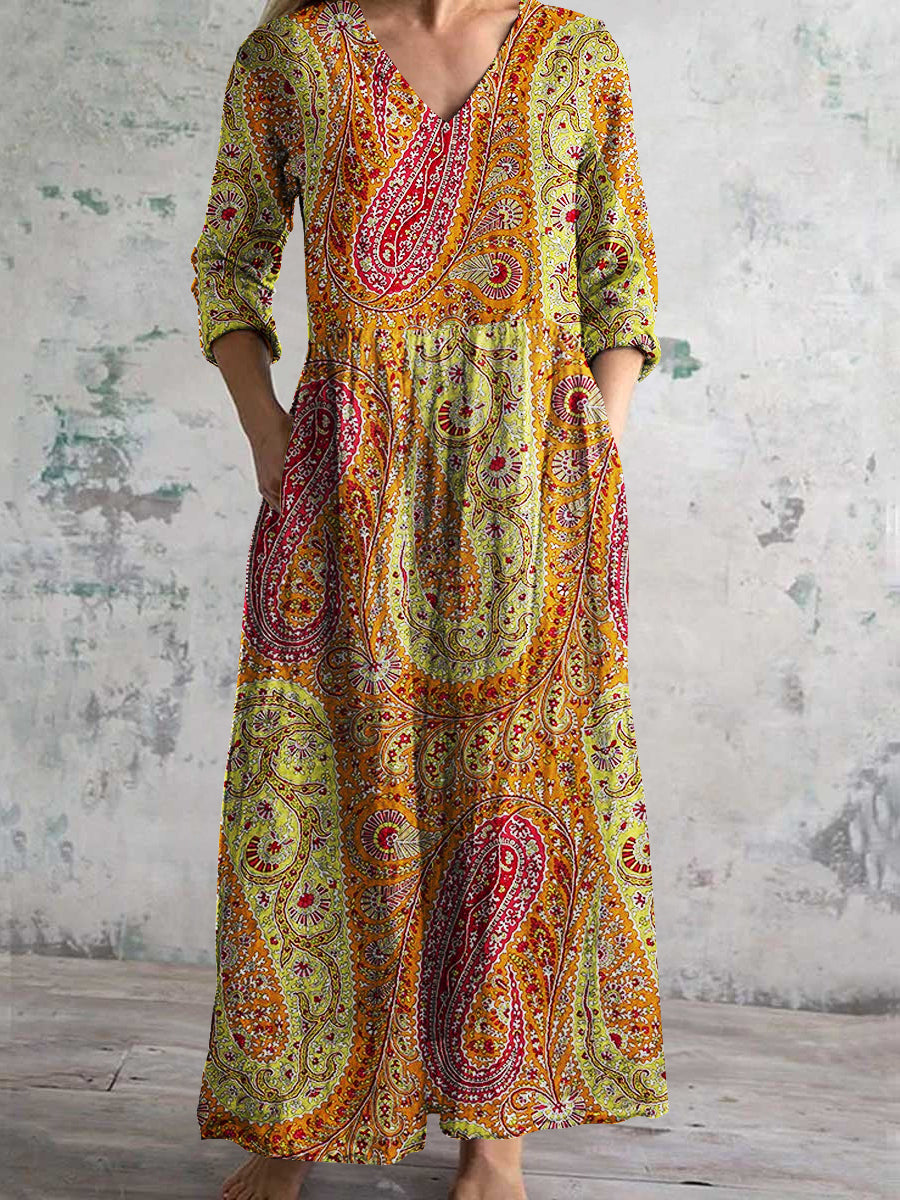 Women's V-Neck Vintage Irregular Pattern Long Sleeve Dress