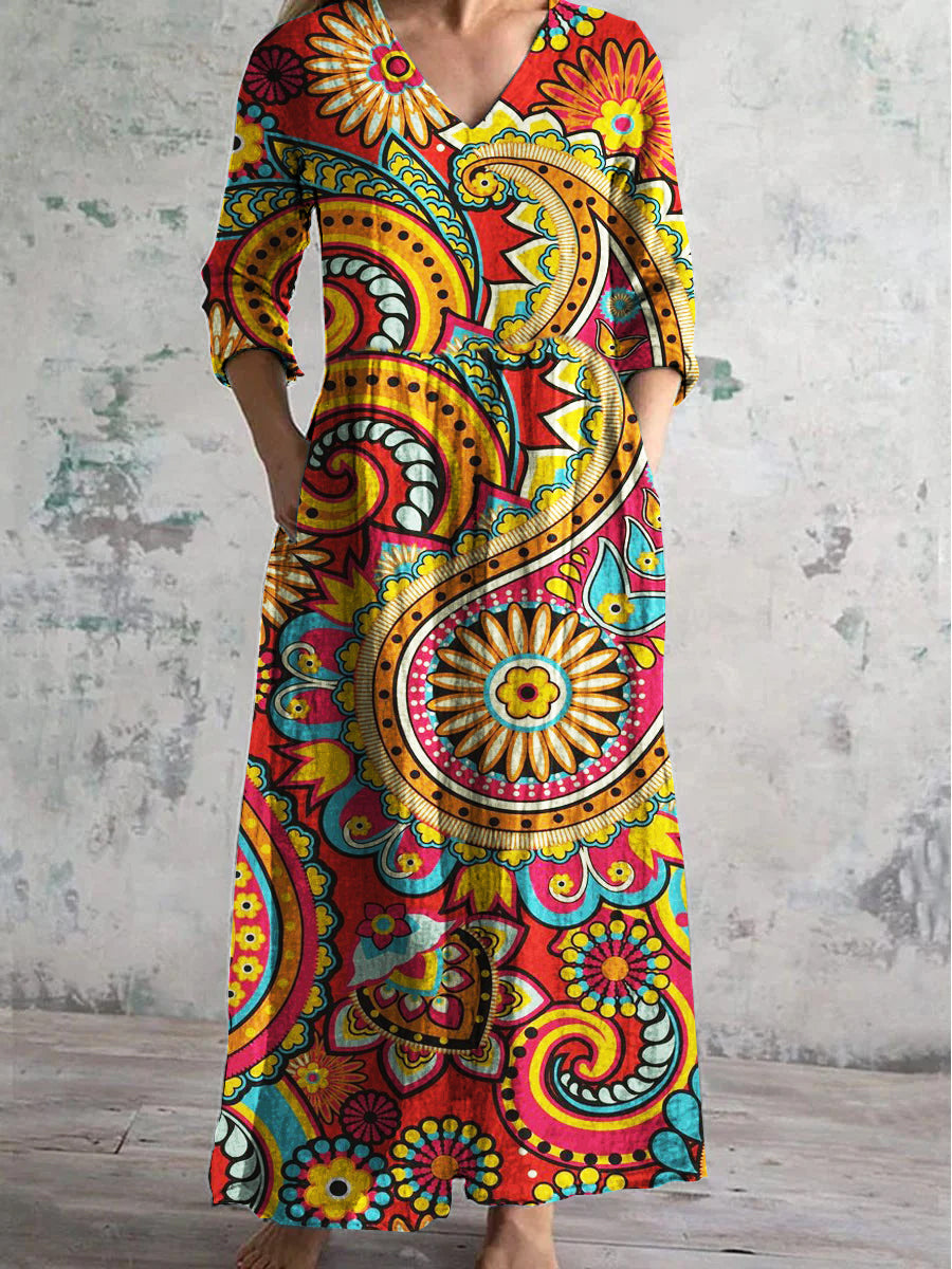 Women's V Neck Art Abstract Pattern Dress with Pockets