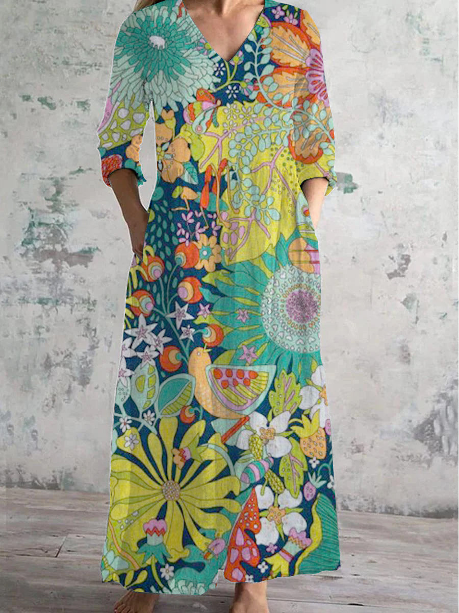 Women's V Neck Abstract Floral Art Cotton and Linen Pocket Dress