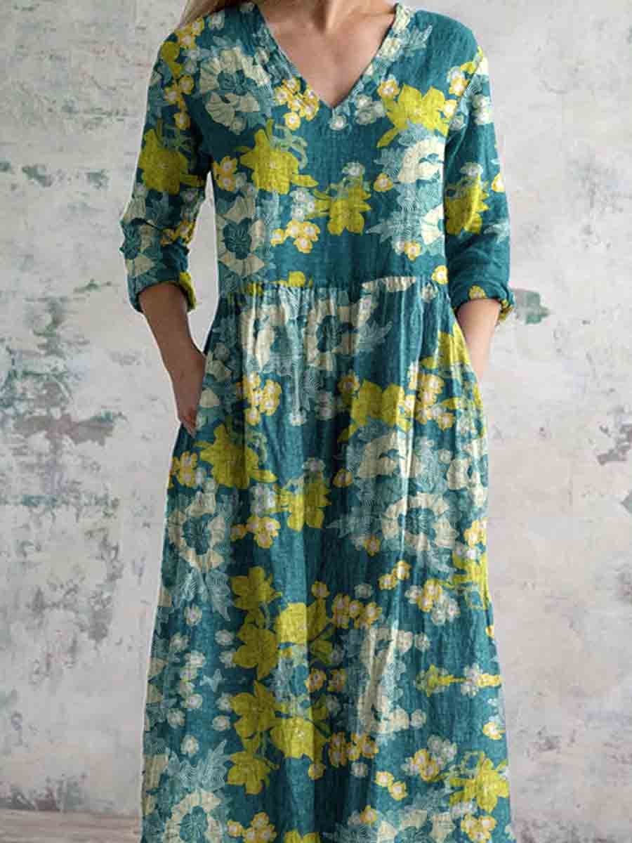 Women's Simple Elegant V Neck Floral Pattern Cotton Fabric Dress with Pockets