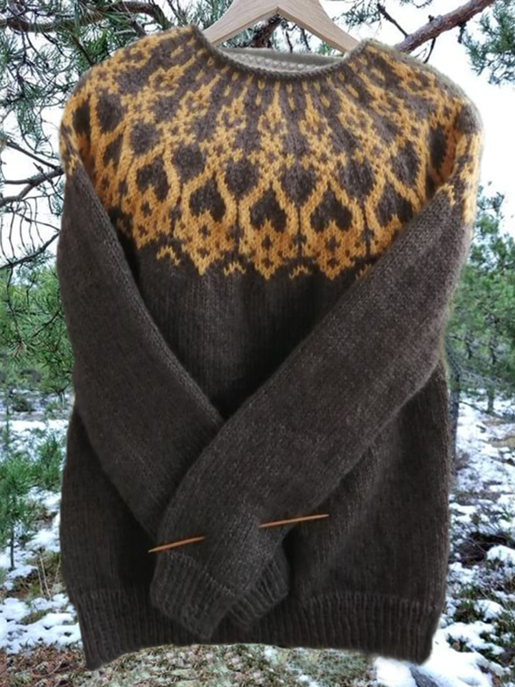 Unisex Vintage Icelandic Yellow Gray Knit Jacquard Warmth Crew Neck Sweater