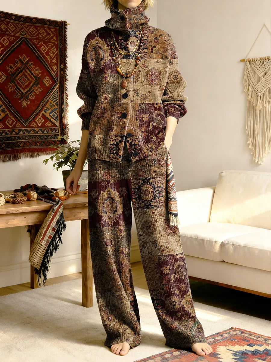Vintage National Totem Patchwork Women's Long Sleeve Top And Pants Sweater Suit