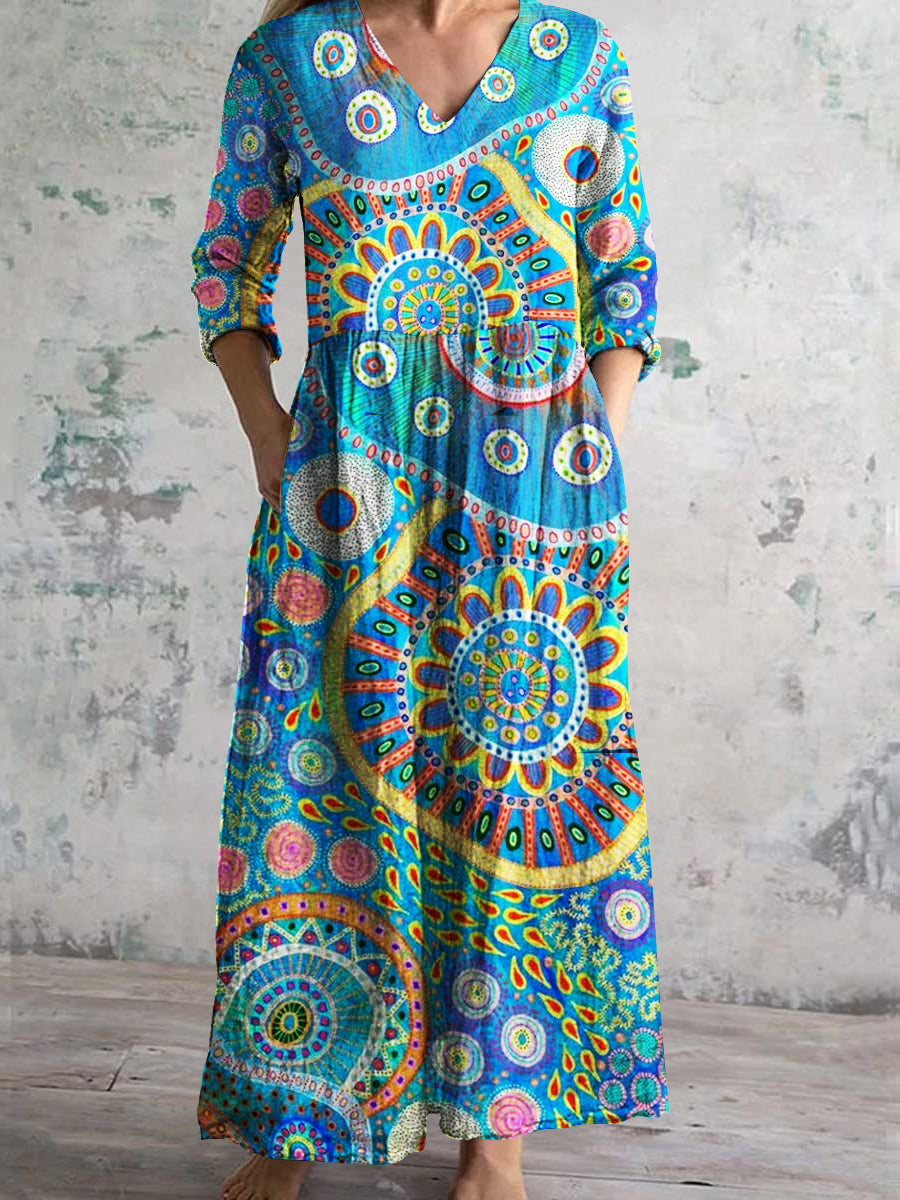 Women's V-Neck Temperament Art Irregular Pattern Long Sleeve Dresses